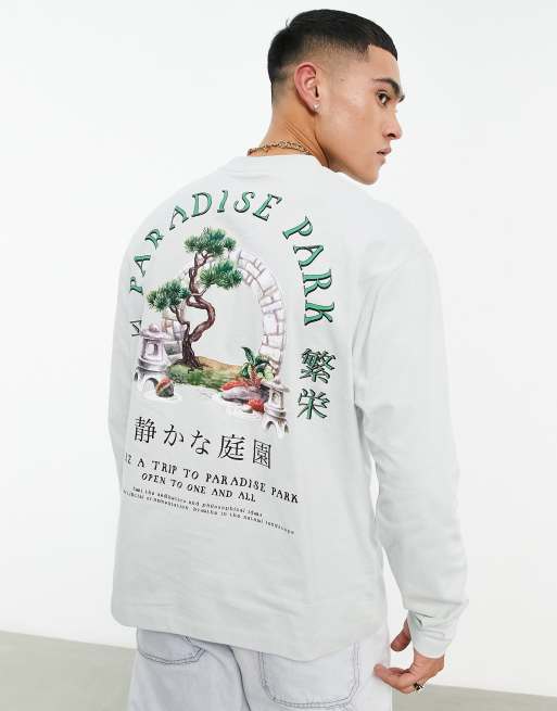 ASOS DESIGN - Ruimvallend t-shirt met lange mouwen en bonsai-print op de rug in grijs