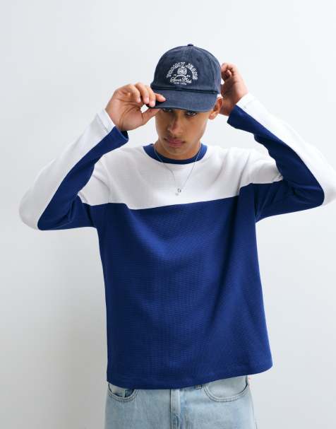 ASOS DESIGN ruimvallend T-shirt met lange mouwen en contrast in blauw en wit met wafelstructuur - view 1