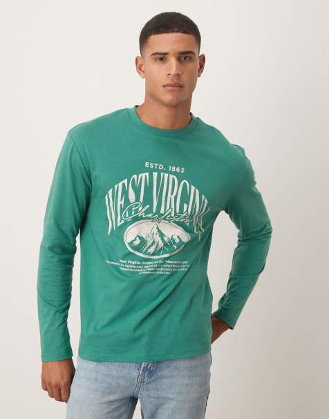 ASOS DESIGN - Ruimvallend T-shirt met lange mouwen en grafische varsity-print in groen - view 1