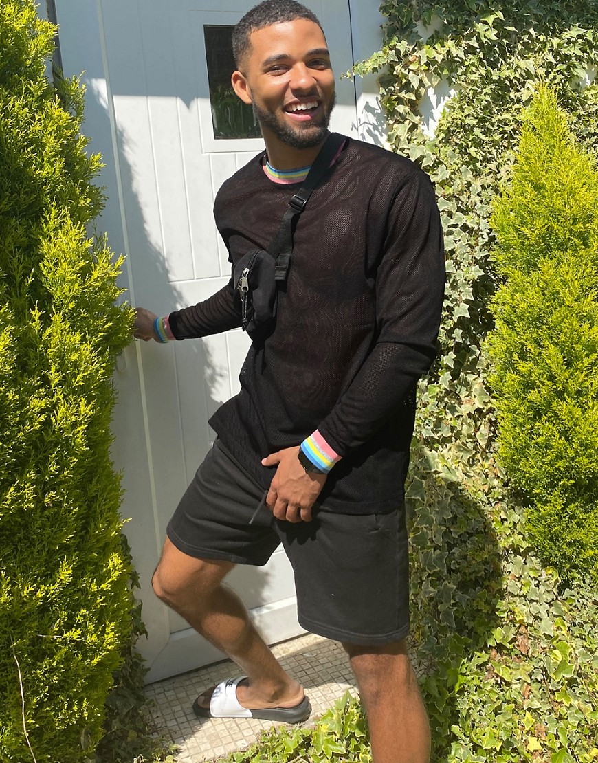ASOS DESIGN - Ruimvallend T-shirt met lange mouwen en pastel- regenboogkleurig randje van mesh-Zwart