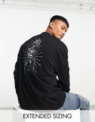 ASOS DESIGN - Ruimvallend T-shirt met lange mouwen en print van lijntekening van een roos op de achterkant in zwart