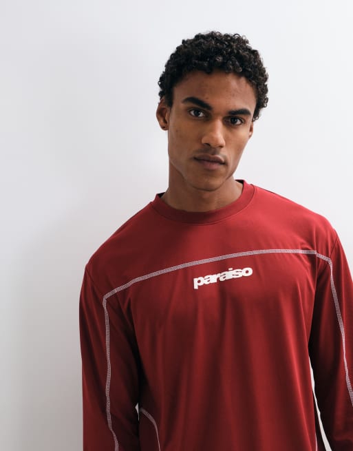 ASOS DESIGN ruimvallend T-shirt met lange mouwen, flatlockstiksel en tekstprint in rood, 4 van 5