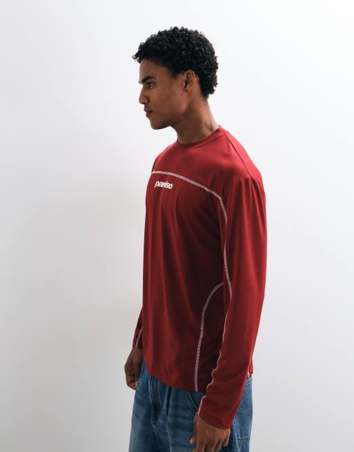 ASOS DESIGN ruimvallend T-shirt met lange mouwen, flatlockstiksel en tekstprint in rood, 5 van 5