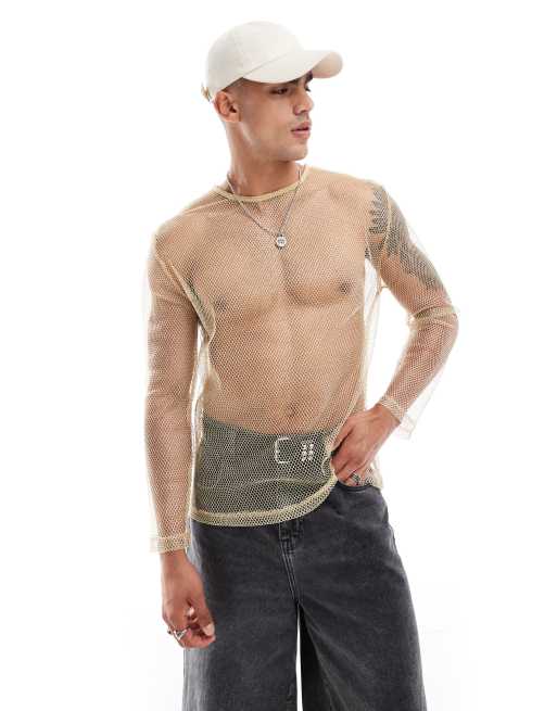 ASOS DESIGN - Ruimvallend T-shirt met lange mouwen van open mesh in goud