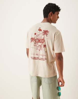 ASOS DESIGN - Ruimvallend T-shirt met linnenlook en grafische motel print in naturel - view 1