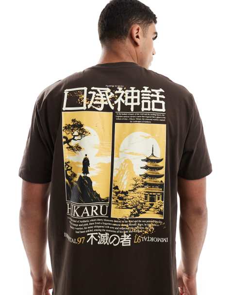ASOS DESIGN - Ruimvallend T-shirt met print op de achterkant in bruin - view 1
