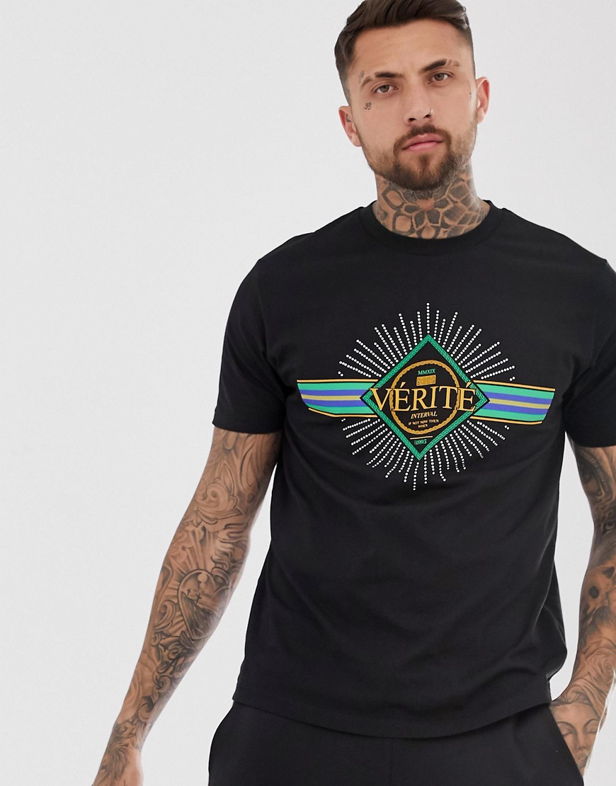 ASOS DESIGN - Ruimvallend T-shirt met verite print en kristallen-Zwart