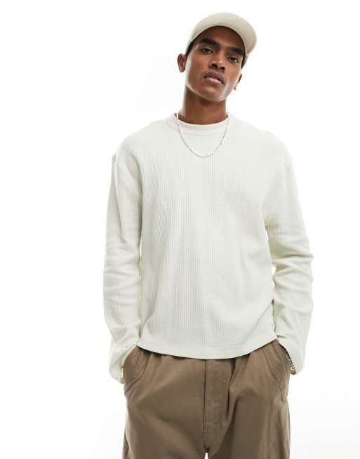 ASOS DESIGN - Ruimvallend T-shirt van wafelstof met lange mouwen in stone