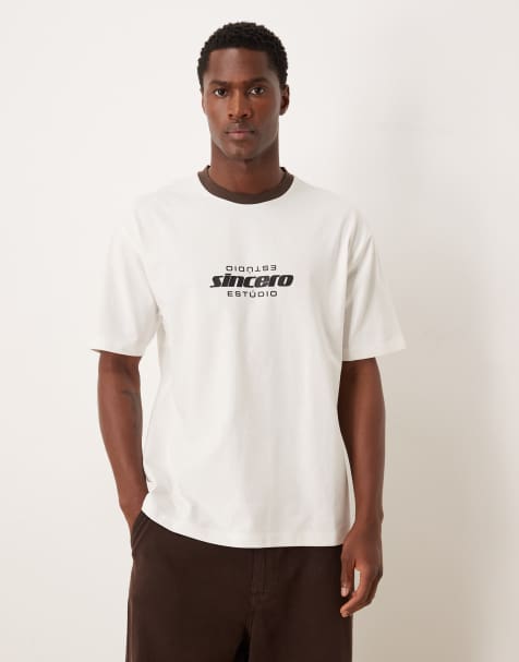 ASOS DESIGN - Ruimvallend T-shirt van zware stof met gekleurd randje en print in gebroken wit - view 1