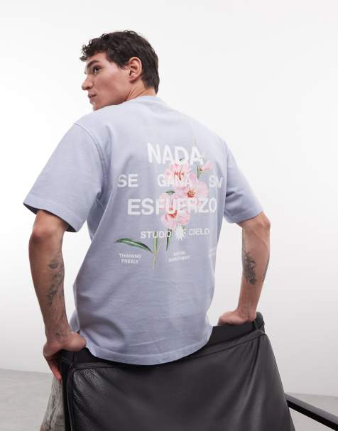 ASOS DESIGN - Ruimvallend T-shirt van zware stof met grafische bloemenprint in lichtblauw met wassing - view 1