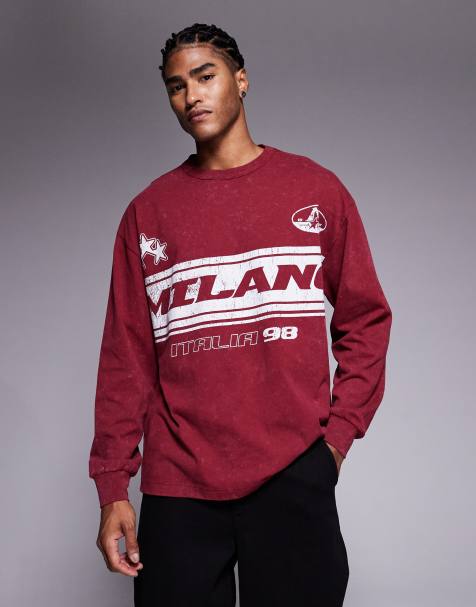 ASOS DESIGN - Ruimvallend T-shirt van zware stof met lange mouwen en grafische Milano-sportprint in rood met wassing - view 1