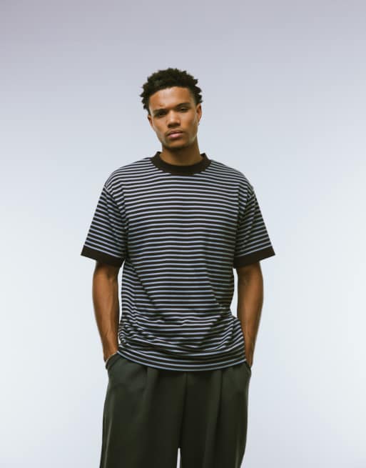 ASOS DESIGN - Ruimvallend T-shirt van zware stof met verlaagde schouders en strepen in blauw en bruin