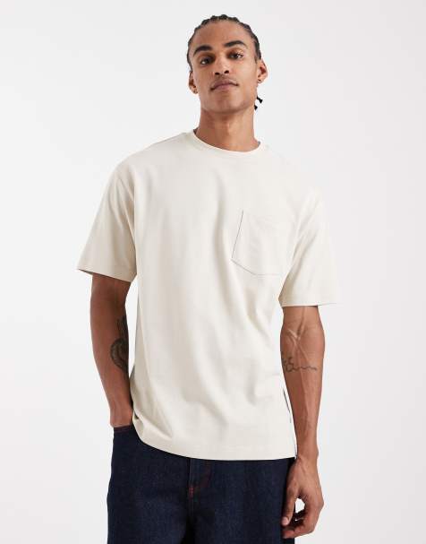 ASOS DESIGN - Ruimvallend T-shirt van zware stof met zak in beige - view 1
