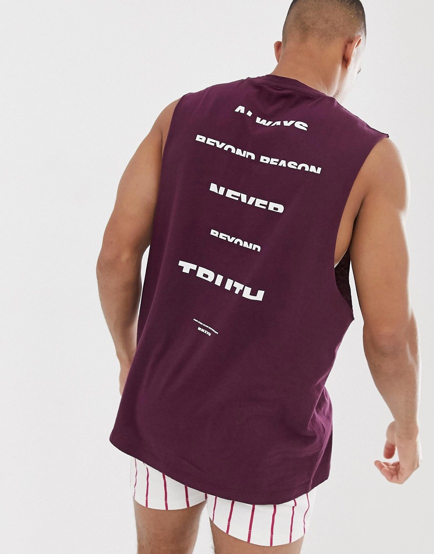 ASOS DESIGN - Ruimvallend T-shirt zonder mouwen met tekstprint op de rug-Paars