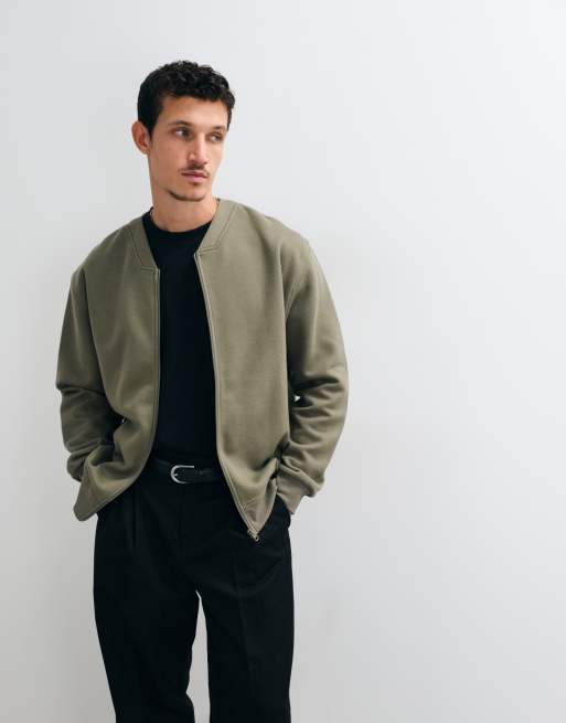 ASOS DESIGN ruimvallend V-hals jack met rits en piqué in kaki, 5 van 5