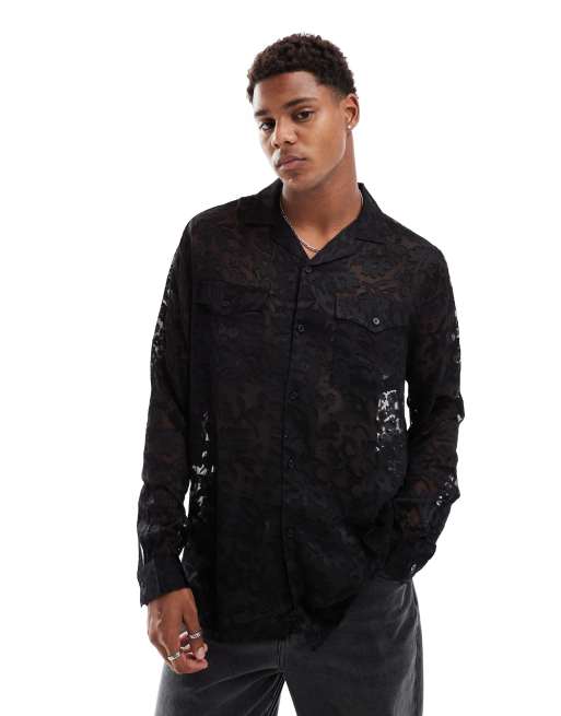 ASOS DESIGN - Ruimvallend western overhemd van doorschijnend jacquard met reverskraag in zwart