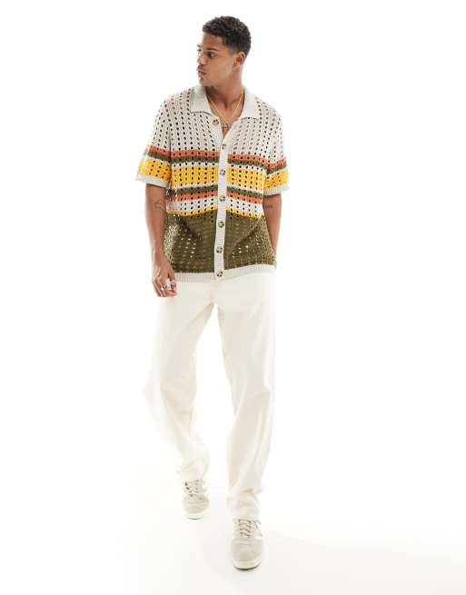 ASOS DESIGN - Ruimvallende ajourgebreide polo met knoopsluiting en strepen in stone