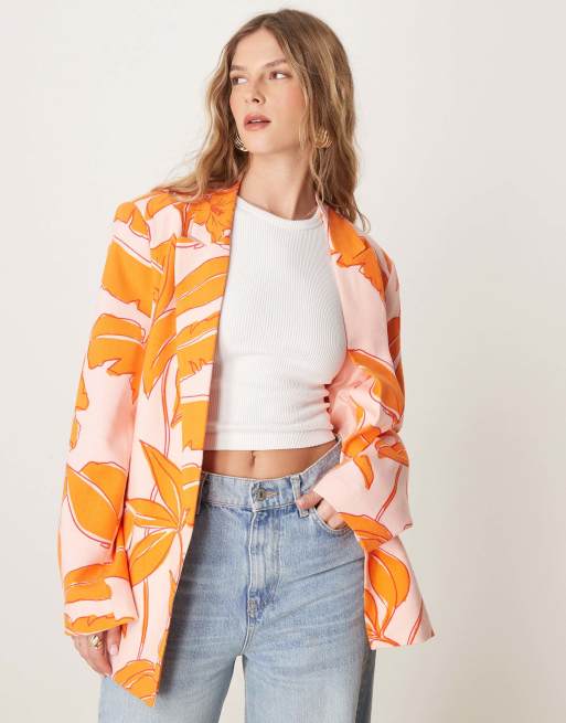 ASOS DESIGN - Ruimvallende blazer met linnenlook in palmenprint, deel van co-ord set