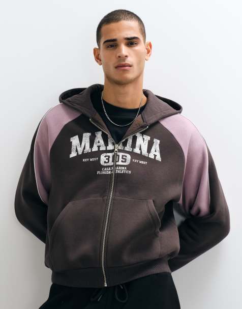 ASOS DESIGN ruimvallende boxy hoodie met rits, print, cut & sew en bies in bruin - view 1