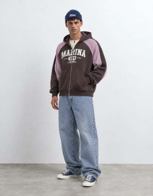 ASOS DESIGN ruimvallende boxy hoodie met rits, print, cut & sew en bies in bruin, 6 van 9