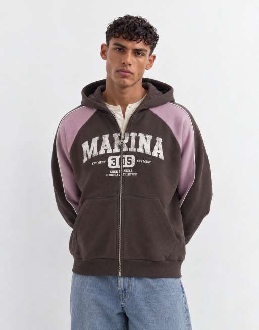 ASOS DESIGN ruimvallende boxy hoodie met rits, print, cut & sew en bies in bruin, 9 van 9