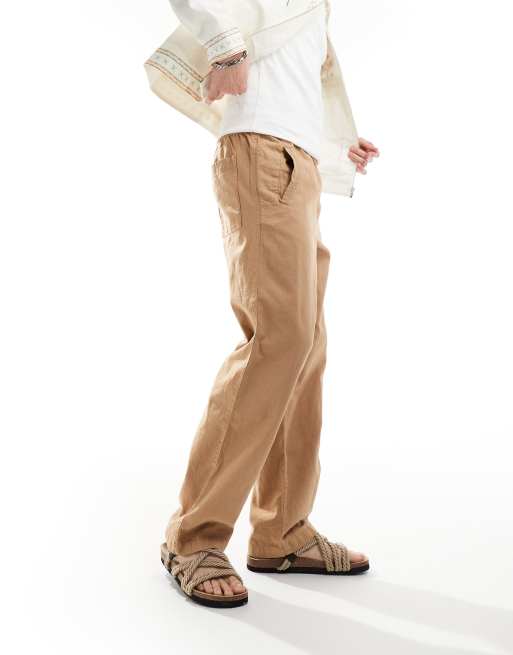 ASOS DESIGN - Ruimvallende broek van linnenmix in bruin met wassing