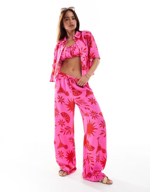 FhyzicsShops DESIGN - Ruimvallende broek van linnenmix in roze met cocktailprint