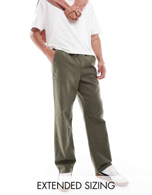 ASOS DESIGN - Ruimvallende broek van linnenmix met elastische taille in kaki