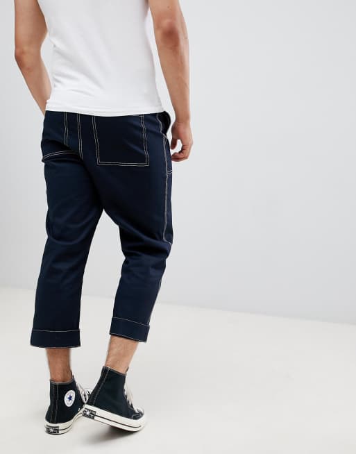 ASOS DESIGN - Ruimvallende cropped broek in marineblauw met genaaid wit detail, 2 van 4
