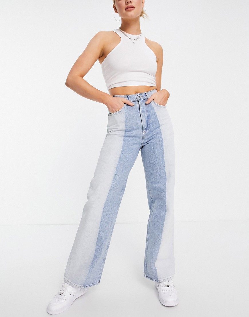 ASOS DESIGN - Ruimvallende dad jeans met hoge taille in tweekleurige lichte wassing-Blauw