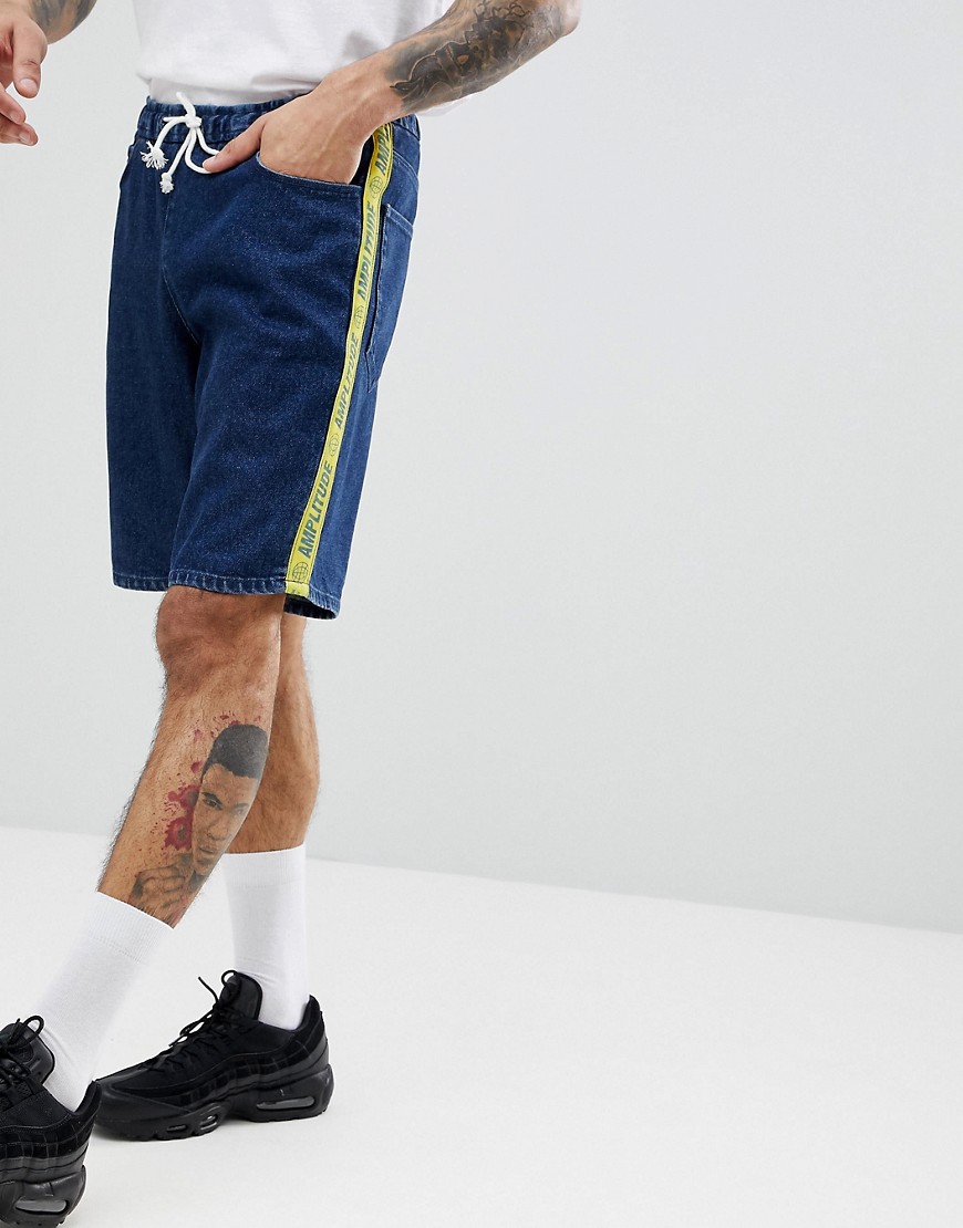 ASOS DESIGN - Ruimvallende denim shorts in donkere blauwe wassing met geprinte streep