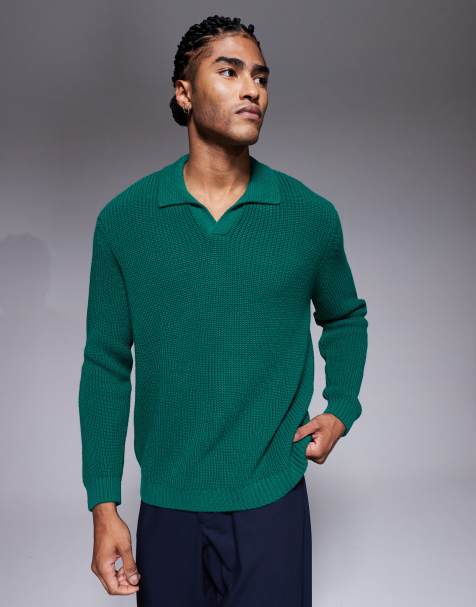 ASOS DESIGN - Ruimvallende fijngebreide polo met inkeping aan de hals in groen - view 1