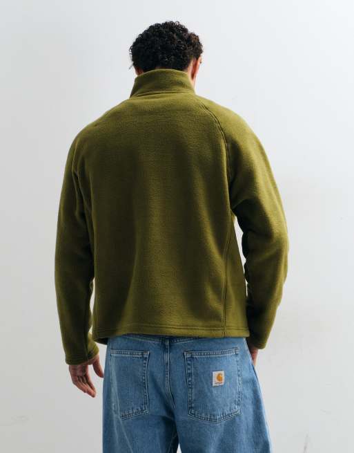 ASOS DESIGN - Ruimvallende fleece trui met kwartrits in olijfgroen, 4 van 5
