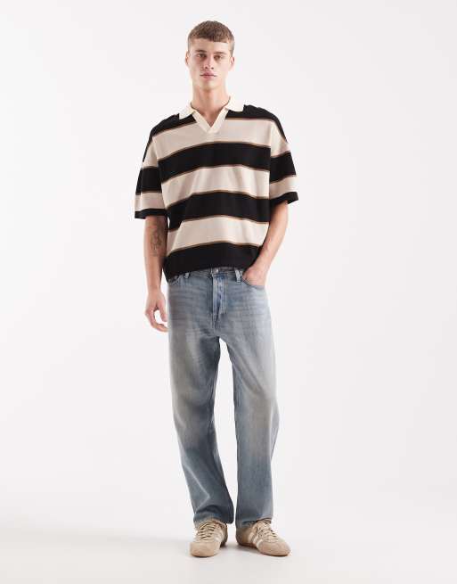ASOS DESIGN - Ruimvallende gebreide gestreepte polo in zwart en stone, 4 van 5