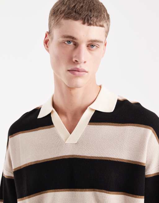 ASOS DESIGN - Ruimvallende gebreide gestreepte polo in zwart en stone, 5 van 5