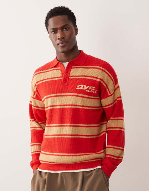 ASOS DESIGN - Ruimvallende gebreide gestreepte polo met lange mouwen en borduursel op de borst in beige en rood - view 1