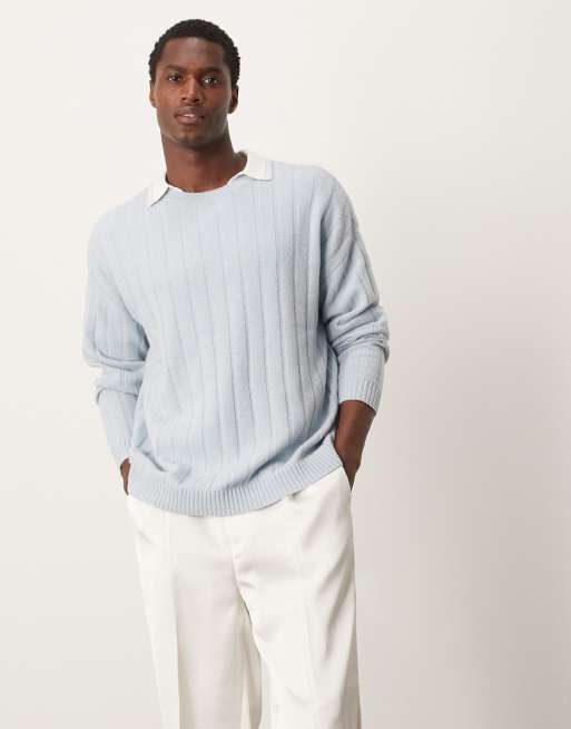 ASOS DESIGN - Ruimvallende gebreide lamswollen trui met brede ribbels in lichtblauw