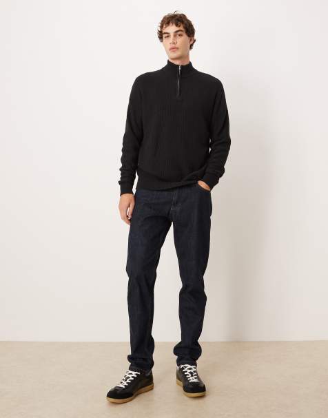 ASOS DESIGN - Ruimvallende gebreide piqué trui met opstaande boord in zwart - view 1