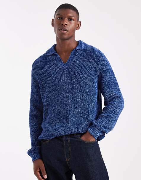 ASOS DESIGN - Ruimvallende gebreide polo met inkeping in de hals in gemêleerd blauw - view 1