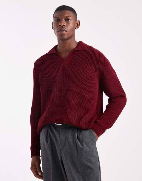 ASOS DESIGN - Ruimvallende gebreide polo met inkeping in de hals in gemêleerd rood - view 1