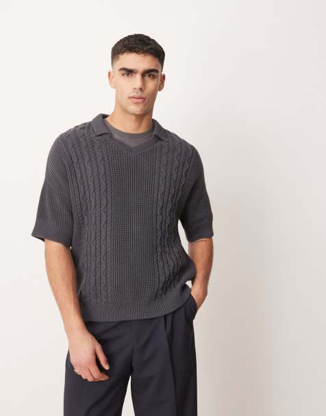 ASOS DESIGN - Ruimvallende gebreide polo met kabels en inkeping in de hals in grijs - view 1