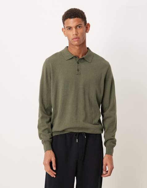 ASOS DESIGN - Ruimvallende gebreide polo met lange mouwen in kaki - view 1