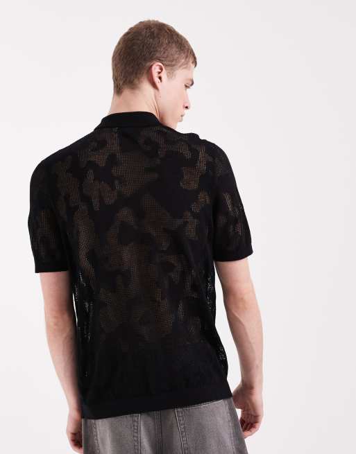 ASOS DESIGN - Ruimvallende gebreide polo van mesh met luipaardprint in zwart, 3 van 5