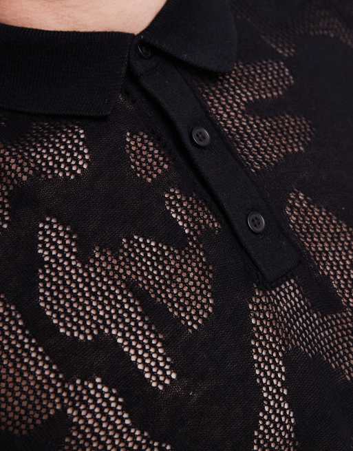 ASOS DESIGN - Ruimvallende gebreide polo van mesh met luipaardprint in zwart, 4 van 5