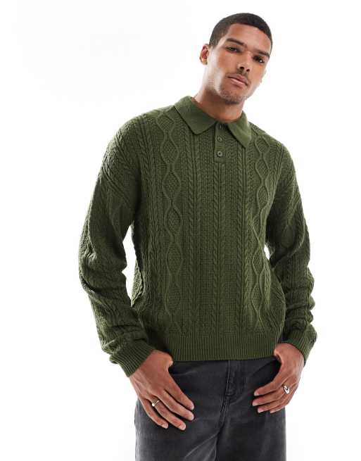 ASOS DESIGN - Ruimvallende gebreide polotrui met kabels in kaki, 2 van 4