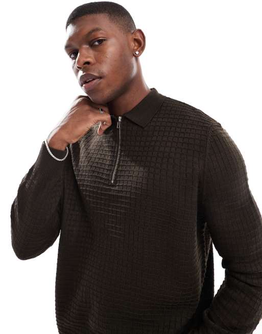 ASOS DESIGN - Ruimvallende gebreide polotrui met lange mouwen en wafelstructuur in bruin