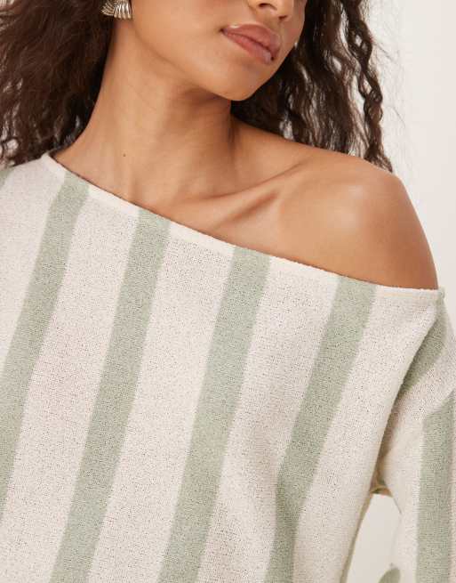 ASOS DESIGN - Ruimvallende gebreide top van jersey met blote schouder in gestreept, 2 van 4