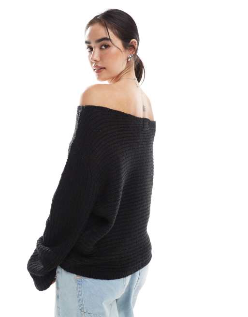 ASOS DESIGN - Ruimvallende gebreide trui met blote schouder in zwart, 4 van 4