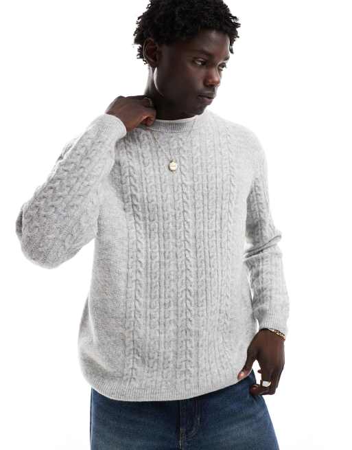 ASOS DESIGN - Ruimvallende gebreide trui met ronde hals en kabels in gemêleerd grijs