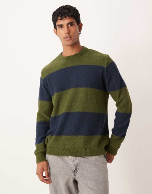 ASOS DESIGN - Ruimvallende gebreide trui met ronde hals en strepen in groen en marineblauw